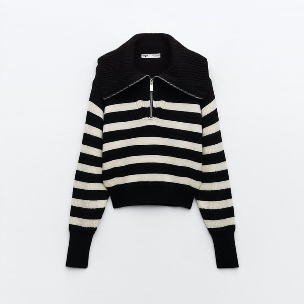 NWT Zara Black and Cream Stripe Half Zip Sweater - Picture 2 of 4